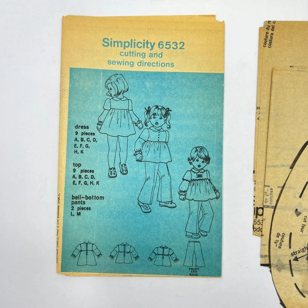 Simplicity 6532 Sewing Pattern Toddler Size‎ 3 Bell Bottom Pants Dress Top 1974
